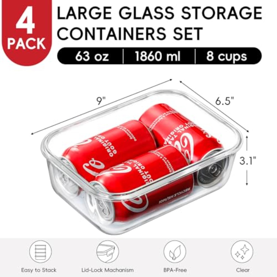 4 Pack 8 Cups/ 63oz Large Glas - Meal Prep Container avis et prix